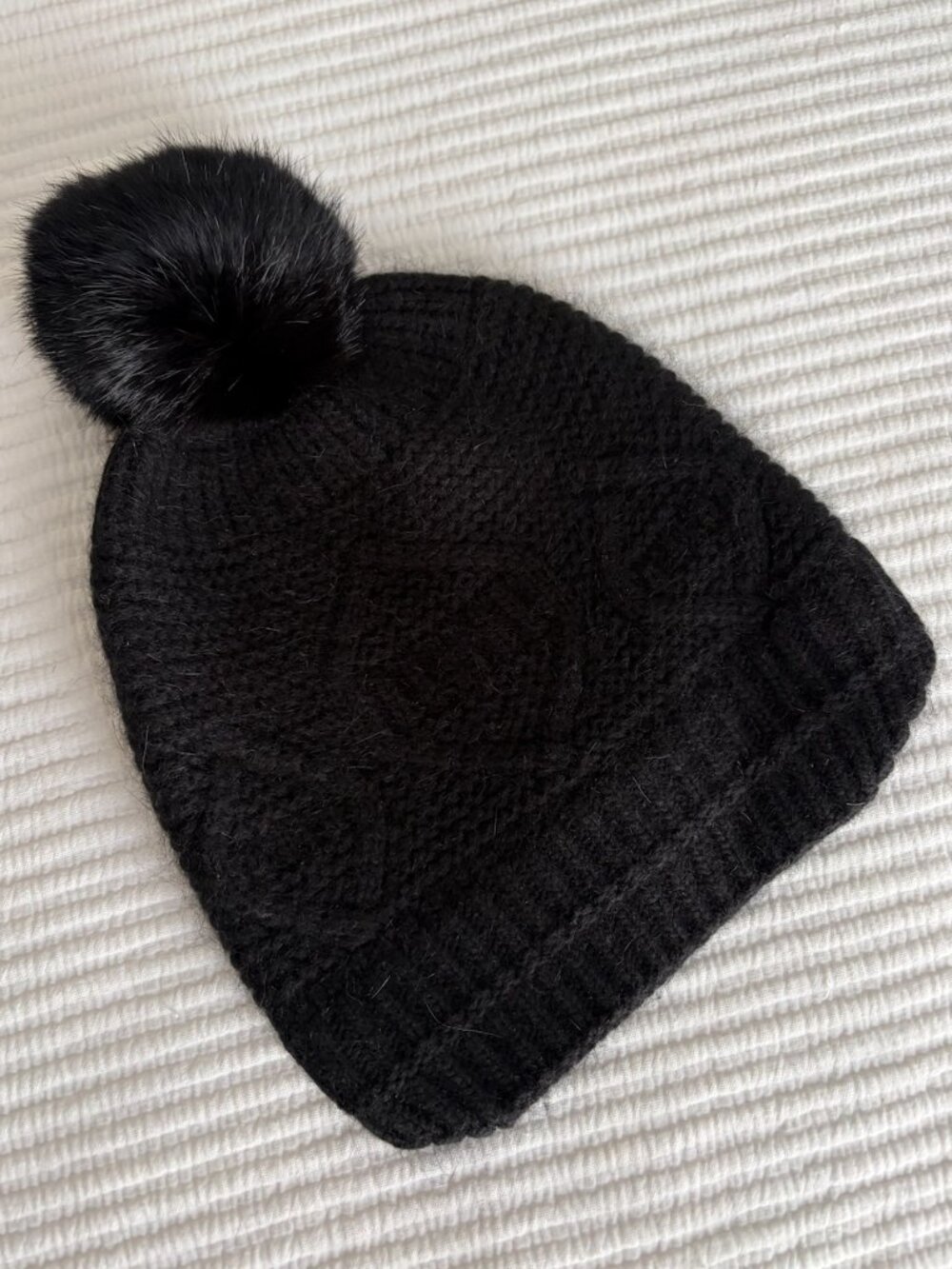 Black Cashmere Beanie w/ real Fur Pom
